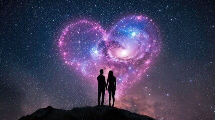 Silhouette of a couple standing on a hill under a starry night sky with a heart shaped galaxy above.