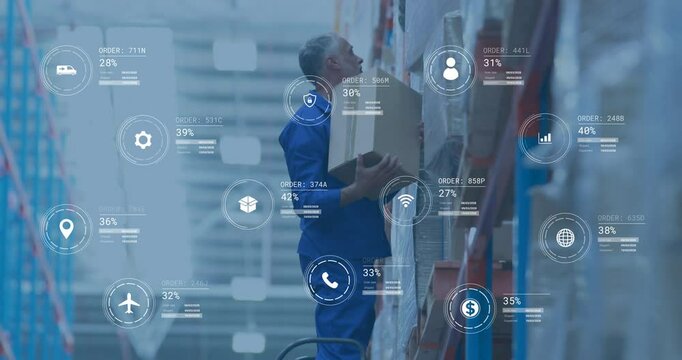 Warehouse worker stacking boxes, logistics data processing animation over scene