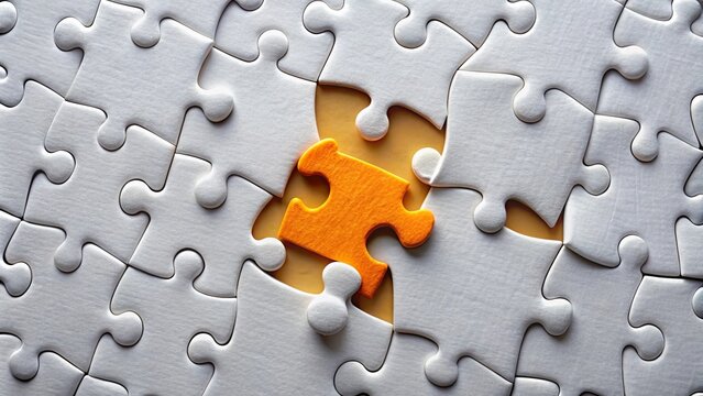Jigsaw puzzle with missing orange piece, incomplete puzzle solution