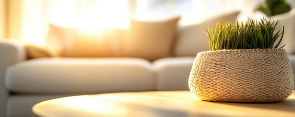 A cozy living room scene featuring a potted plant, warm lighting, and a stylish sofa, perfect for home decor inspiration.