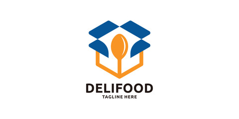 logo design combination of box and spoon fork, delivery, food, package, order, logo design template, creative, idea.
