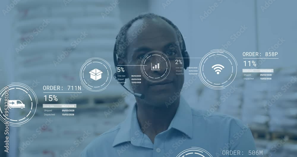 Poster customer service representative with headset, data processing animation over warehouse background