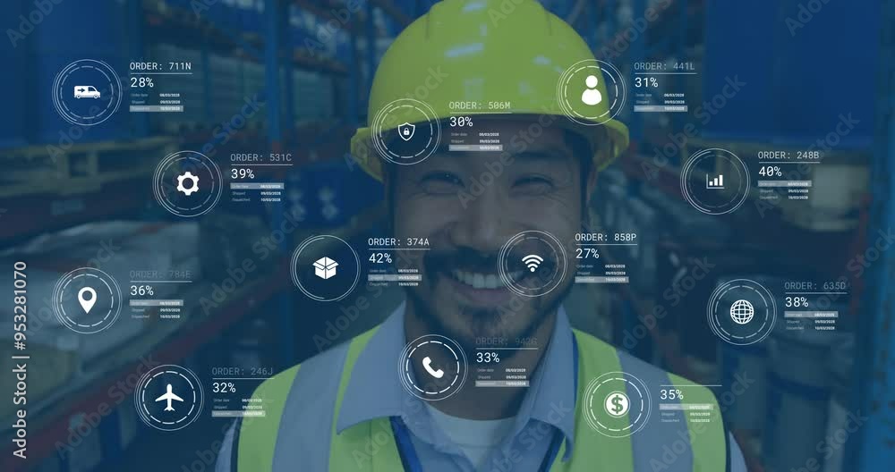 Poster warehouse worker smiling, surrounded by logistics and data processing animation