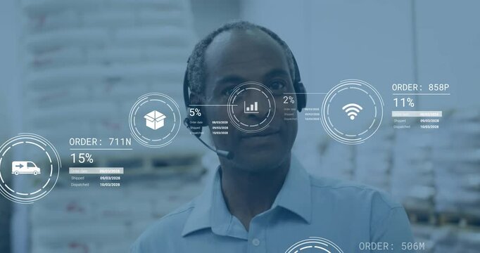 Customer service representative with headset, data processing animation over warehouse background - Powered by Adobe