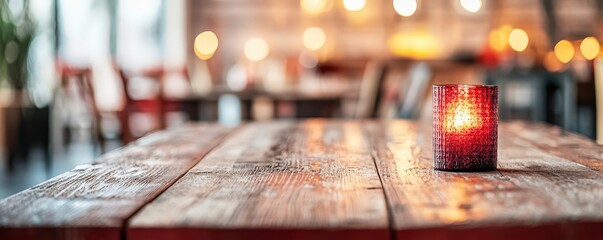 A cozy wooden table with a lit candle, creating a warm ambiance in a modern restaurant setting, perfect for intimate gatherings.