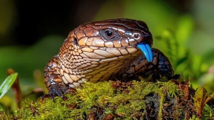 A close-up of a skink with a blue tongue resting on mossy ground.