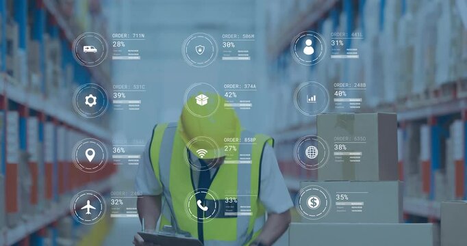 Warehouse worker stacking boxes with logistics data processing animation over scene