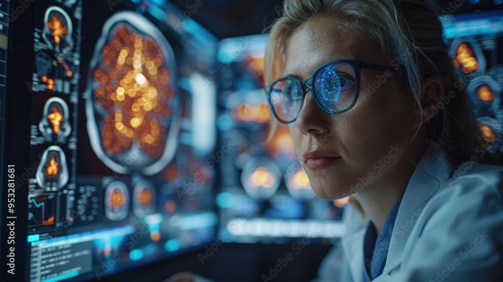 Aufkleber depict a radiologist analyzing a screen showing a 3d-rendered model