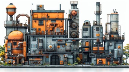 Depict a variety of manufacturing symbols, including assembly lines, factory