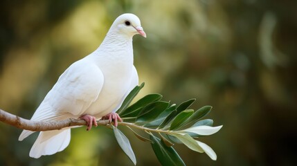 Obraz premium A white dove resting on a branch with an olive leaf in its beak, symbolizing peace and reconciliation