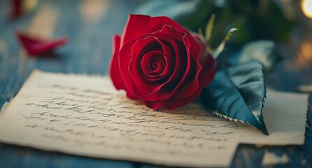 A red rose resting on an old handwritten letter surrounded by soft natural lighting