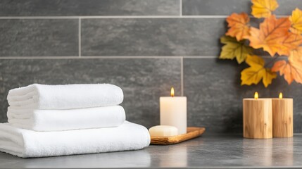 A serene bathroom scene featuring soft towels, candles, and autumn leaves for a relaxing ambiance.