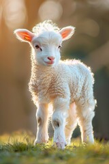 Fototapeta premium A fluffy white lamb stands in a green field, looking directly at the camera with a cute expression. The sun shines warmly on its soft fur.