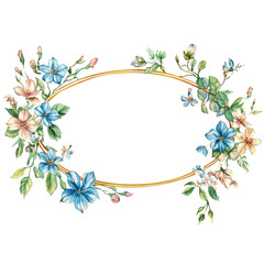 Naklejka premium A flowery border with a gold frame. The flowers are blue and pink