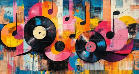 Colorful abstract mural featuring vinyl records and musical notes on a vibrant background