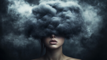 Close-up surreal portrait of woman with dark cloud obscuring her face