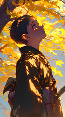 Fototapeta premium handsome japanese anime boy in green background, anime wallpaper