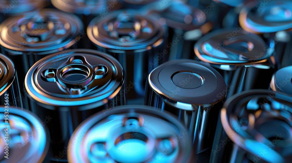 Poster close-up of a group of shiny metal cylindrical objects with a soft blue light reflecting on them.