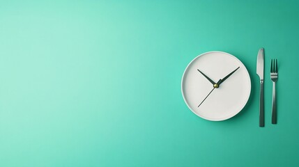 A minimalist table setting featuring a white plate clock, knife, and fork on a teal background.