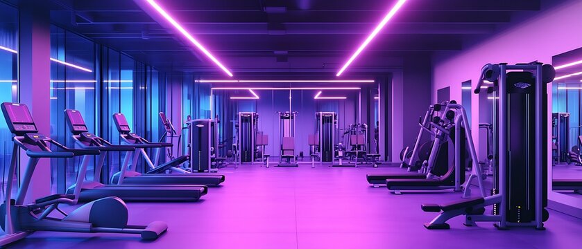 Futuristic gym with state-of-the-art equipment, purple neon lights, sleek and energetic atmosphere