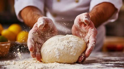 A close-up of a chef's hands kneading dough in a rustic kitchen