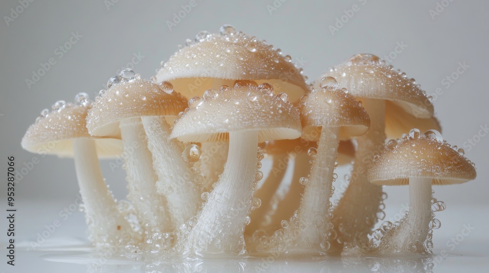 Poster mushroom caps with water droplets, arranged on a white surface to give a fresh, just-harvested look 