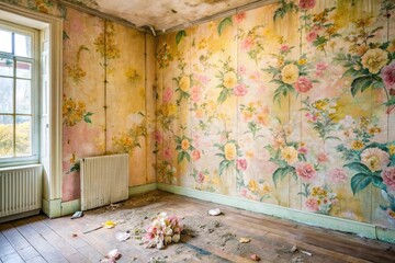 Faded florals cover a drab room, worn edges and torn seams revealing pastel pink and yellow beneath, hinting at a layered, worn history.