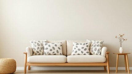 Cozy living room featuring a stylish sofa with patterned cushions against a neutral wall, creating a serene atmosphere.