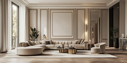 contemporary design of living room with elegant gold molding frames background and luxury wooden floor 