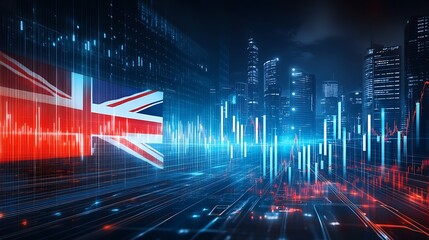 Abstract Australian flag with digital light waves, stock market lines, tech-inspired, patriotic