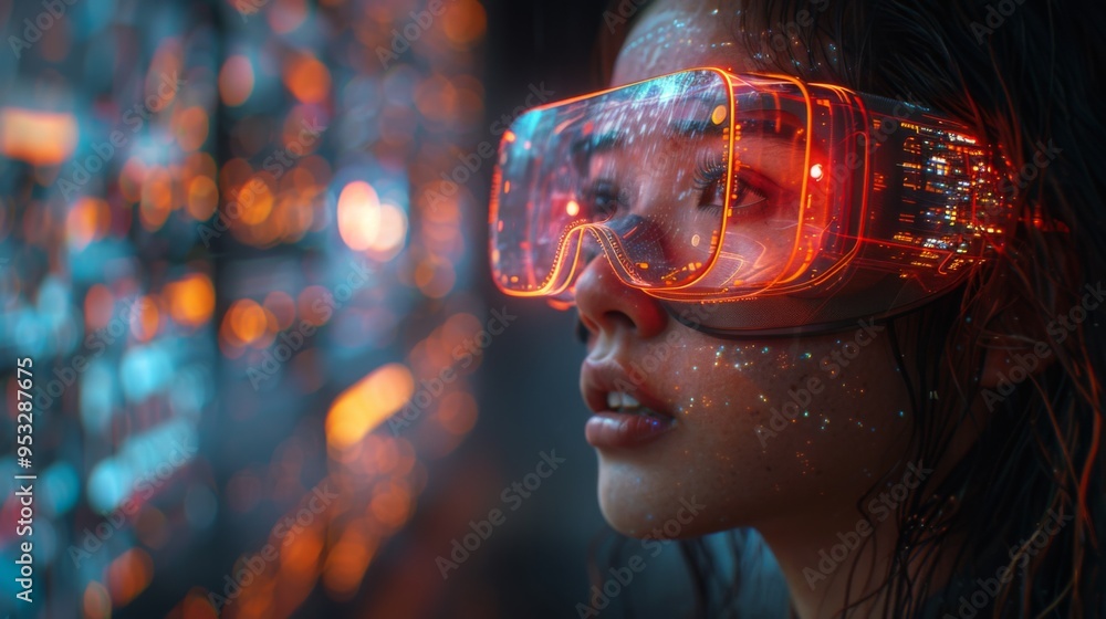 Poster illustrate a dynamic scenario where vr goggles users engage with ai-generated simulations and spinni