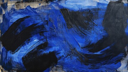 Abstract blue and black paint strokes on canvas.