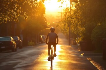 Bicyclist riding through a sunriselit street, Monday morning, active and ecofriendly