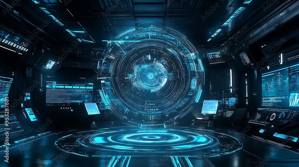 Poster futuristic observatory with advanced telescopes and immersive space exploration displays.