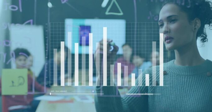 Drawing on transparent board, woman with bar chart animation over classroom background
