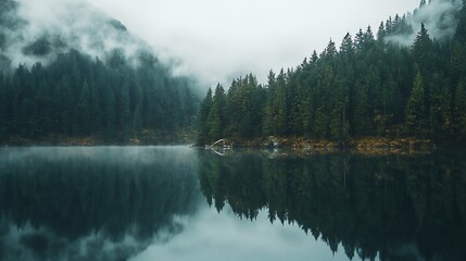 A tranquil mountain lake with a reflection of the surrounding pine forest and a misty morning fog