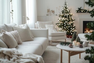 The stylish Scandinavian minimalistic Christmas interior with white decor, featuring elegant furniture, cozy textures, and subtle festive touches