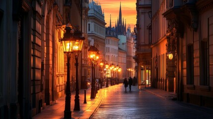 Fototapeta premium Panoramic view of a city street with elegant street lamps and historic buildings, illuminated in warm light, creating a charming nighttime atmosphere.
