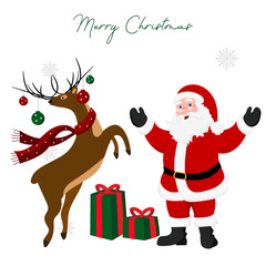 Santa Claus and reindeer with gifts and snowflake around