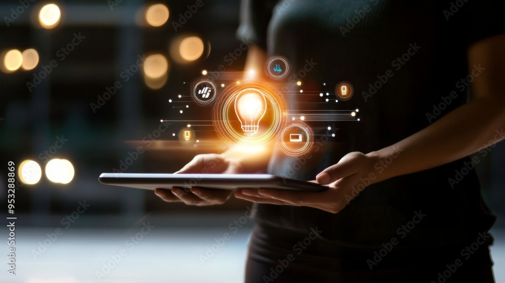 Poster person holding a tablet with a glowing idea icon on the screen, set against a clean, white backgroun