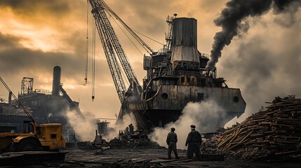 Rugged early 1900s shipyard scene with workers in period clothing, sepia tones grit and perseverance
