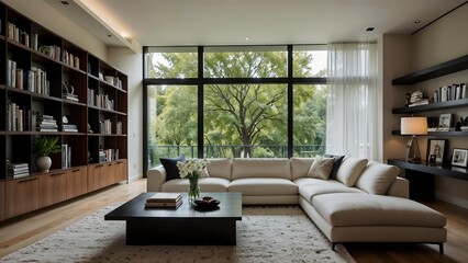Fototapeta premium Modern Living Room with Large Windows, Bookshelves, and a Sectional Sofa
