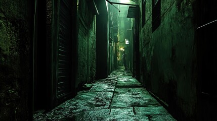 The image portrays a narrow, dimly-lit alleyway enveloped in a greenish hue. The walls on either side are aged and worn, with varying textures of brick and concrete. The ground is wet, creating reflec