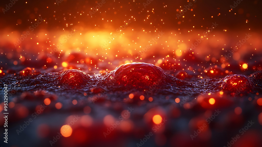 Poster close-up of red liquid with bubbles and bokeh.