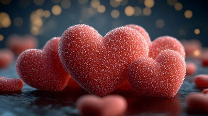 Fototapeta premium Close-up of red heart-shaped candies with a bokeh background.