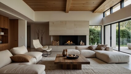 Modern Living Room with Fireplace, Sectional Sofa, and Wooden Coffee Table
