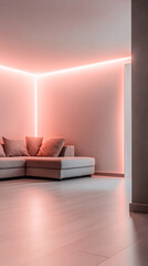 Modern minimalist living room interior with futuristic led lighting elements.