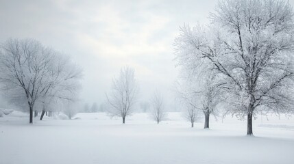 Fototapeta premium Pure white winter landscape with snow-covered trees and a calm, serene sky, capturing the beauty of a tranquil, snow-filled environment.