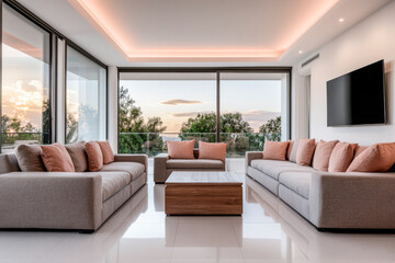 Fototapeta premium Modern minimalist living room interior with futuristic led lighting elements.