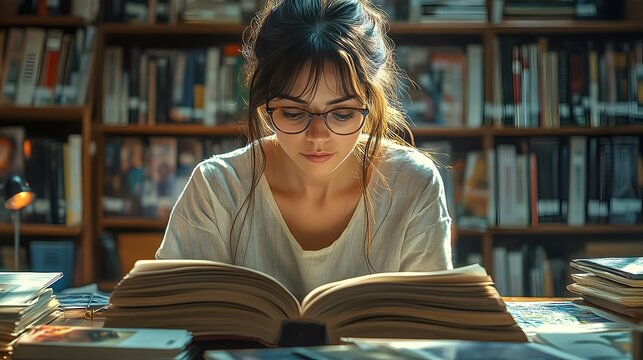 A mature woman in glasses sitting at a desk in a quiet library, reading a thick reference book. Her desk is covered with a mix of novels, comics, and research materials. Soft lighting from a nearby